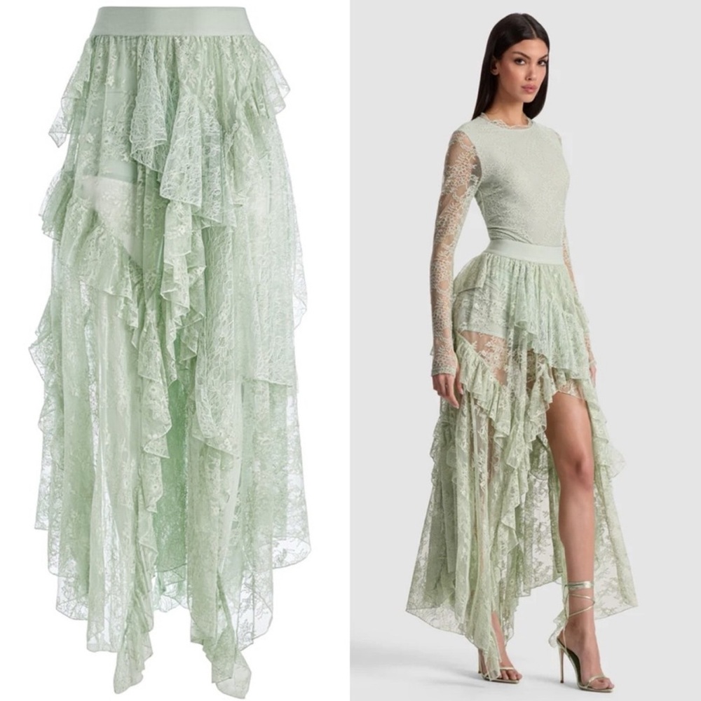 Alice + Olivia Karys Mixed Media Skirt In Green Tea - Picture 2 of 12